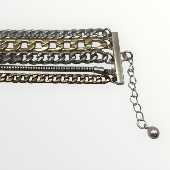 Jenny Bird Bracelet Layered 5 Multi Tone Metal Chains Chunky Cuff Adjustable - Picture 3 of 6